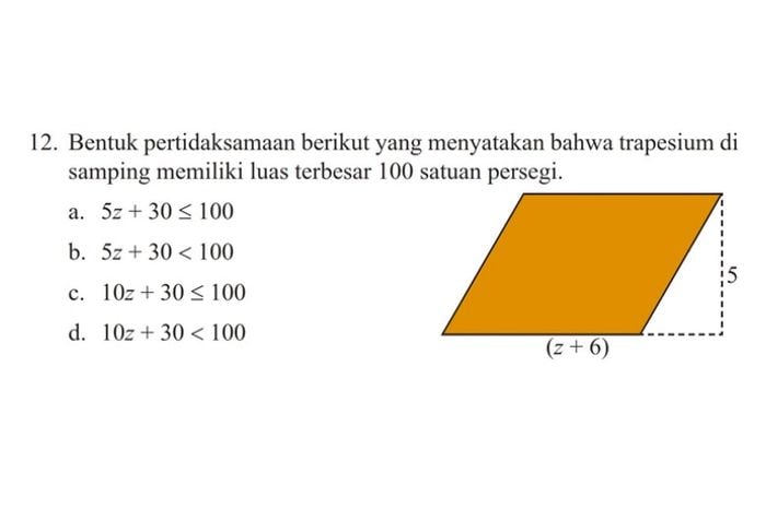 Soal nomor 12 dari artikel kunci jawaban Matematika kelas 7 SMP MTs halaman 294-298 sesuai Kurikulum 2013 tugas Uji Kompetensi 4 Bagian A, pilihan ganda.