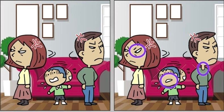 Letak tiga perbedaan pada gambar orangtua yang sedang bertengkar ini.*