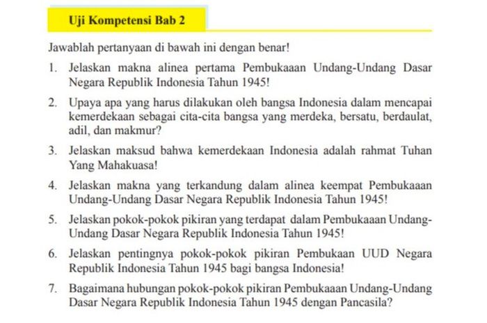 Pembahasan kunci jawaban PKN kelas 9 halaman 51 Uji Kompetensi Bab 2, pembukaan Undang-undang Dasar Negara Republik Indonesia Tahun 1945 (UUD 1945) ini bisa dijadikan sebagai bahan pemebelajaran.