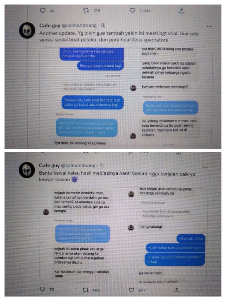 Tangkapan layar komentar terkait aksi bullying yang mengarah pada tidakkekerasan yang dilakukan pelajar SMP di Kota Bandung.