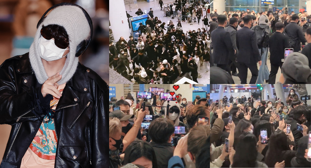 Kim Taehyung atau V BTS saat dikerumuni para ARMY yang menyambutnya di Bandara Internasional Incheon Korea.* 