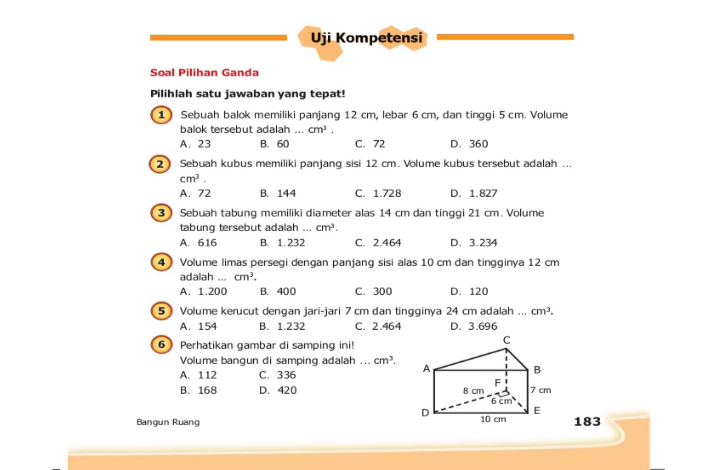 Kunci Jawaban Matematika Kelas 5 SD Halamam 183 sampai 184: Uji Kompetensi