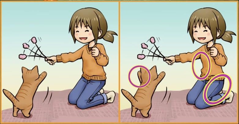Jawaban tes IQ dalam menemukan perbedaan gambar anak yang bermain kucing. 