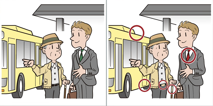 Jawaban tes IQ dalam menemukan perbedaan gambar penumpang bis.
