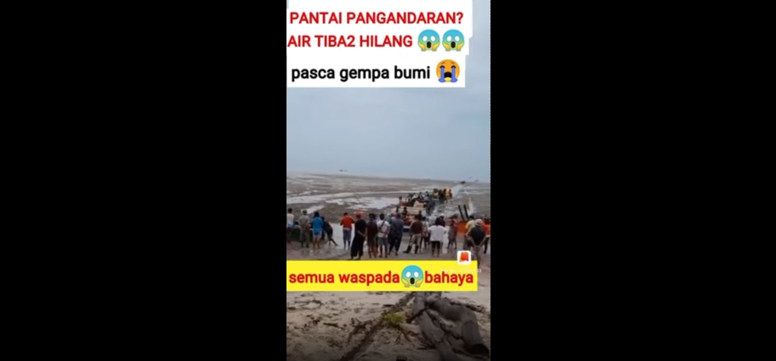 Tangkapan layar unggahan yang menyebut Pantai Pangandaran Surut pascagempa di Cianjur, Jawa Barat.