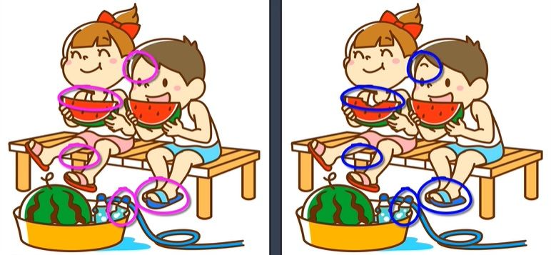 Letak lima perbedaan pada gambar anak yang makan semangka.*