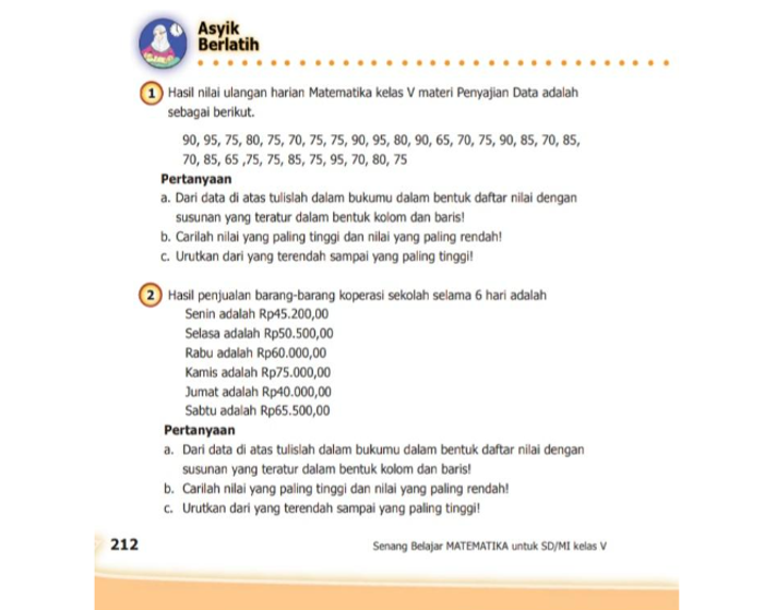 Kunci Jawaban Matematika Kelas 5 SD Halaman 212 Asyik Berlatih:Mencari Nilai Terendah hinggga Tertinggi