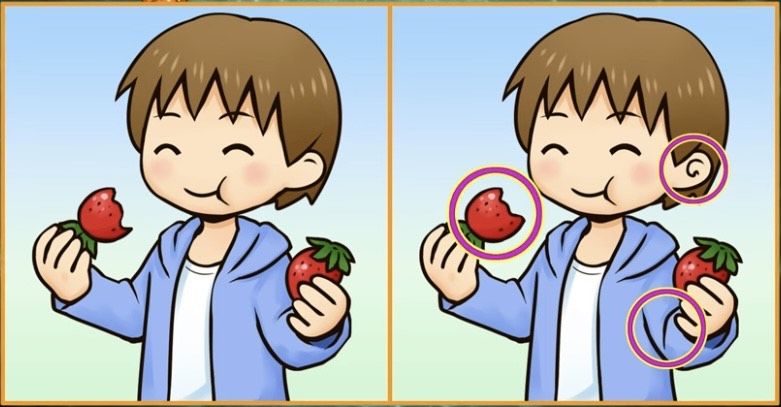 Jawaban tes fokus dalam menemukan perbedaan pada gambar anak yang sedang makan. 