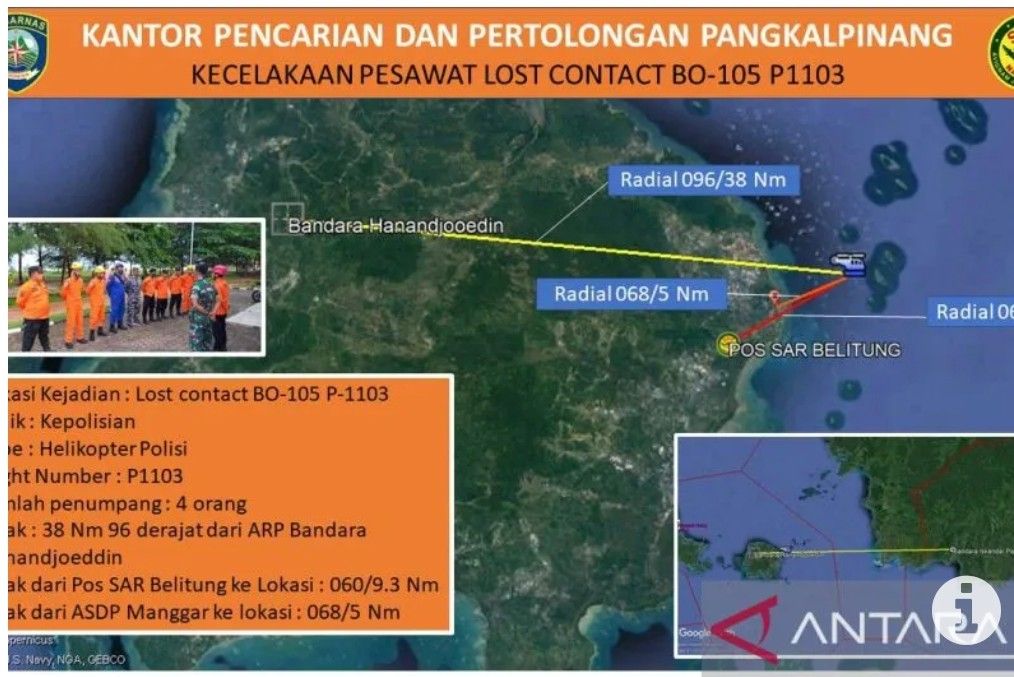 Titik koordinat diduga jatuhnya Helikopter NBO-105 dengan nomor registrasi P-1103 milik Polri di Belitung, Bangka Belitung, Minggu (27/11/2022). 