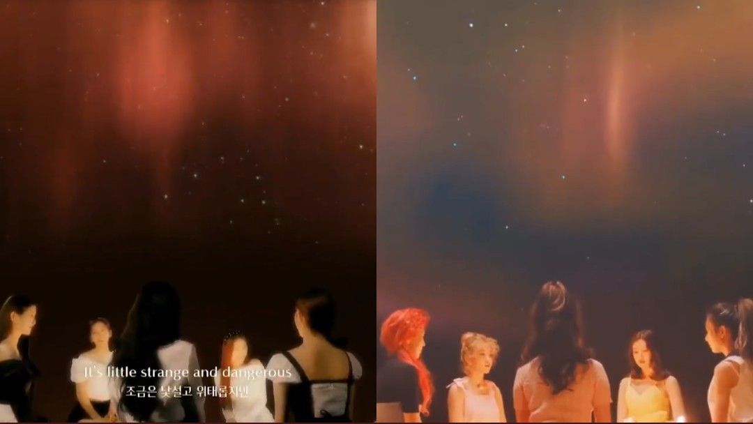 IVE dan Red Velvet duduk di bawah langit malam.
