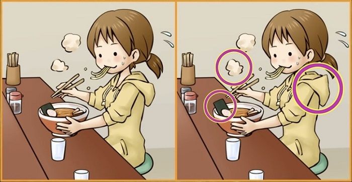 Letak perbedaan pada gambar gadis memakan ramen.