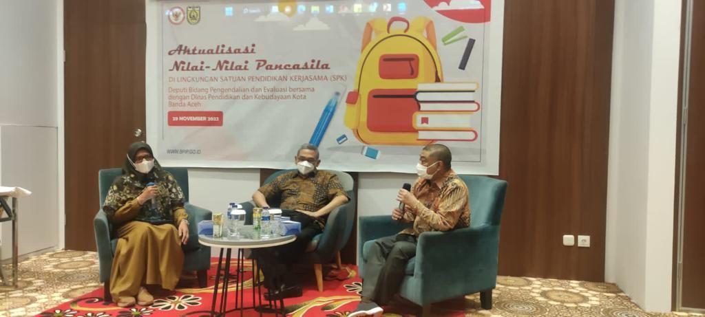 Badan Pembinaan Ideologi Pancasila melalui Kedeputian Bidang Pengendalian dan Evaluasi menyelenggarakan Diskusi Terpumpun aktualisasi Nilai-Nilai Pancasila di Lingkungan Satuan Pendidikan Kerjasama di Aceh/BPIP