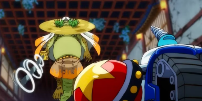 Adegan bentuk triceratops Sasaki terbang terjadi di episode 1041 One Piece, ‘Showdown Battles of the Monsters! Yamato and Franky