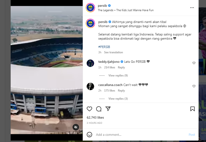 Komentar Teddy Tjahjono di akun IG Persib.(Tangkapan layar/Instagram/@persib)