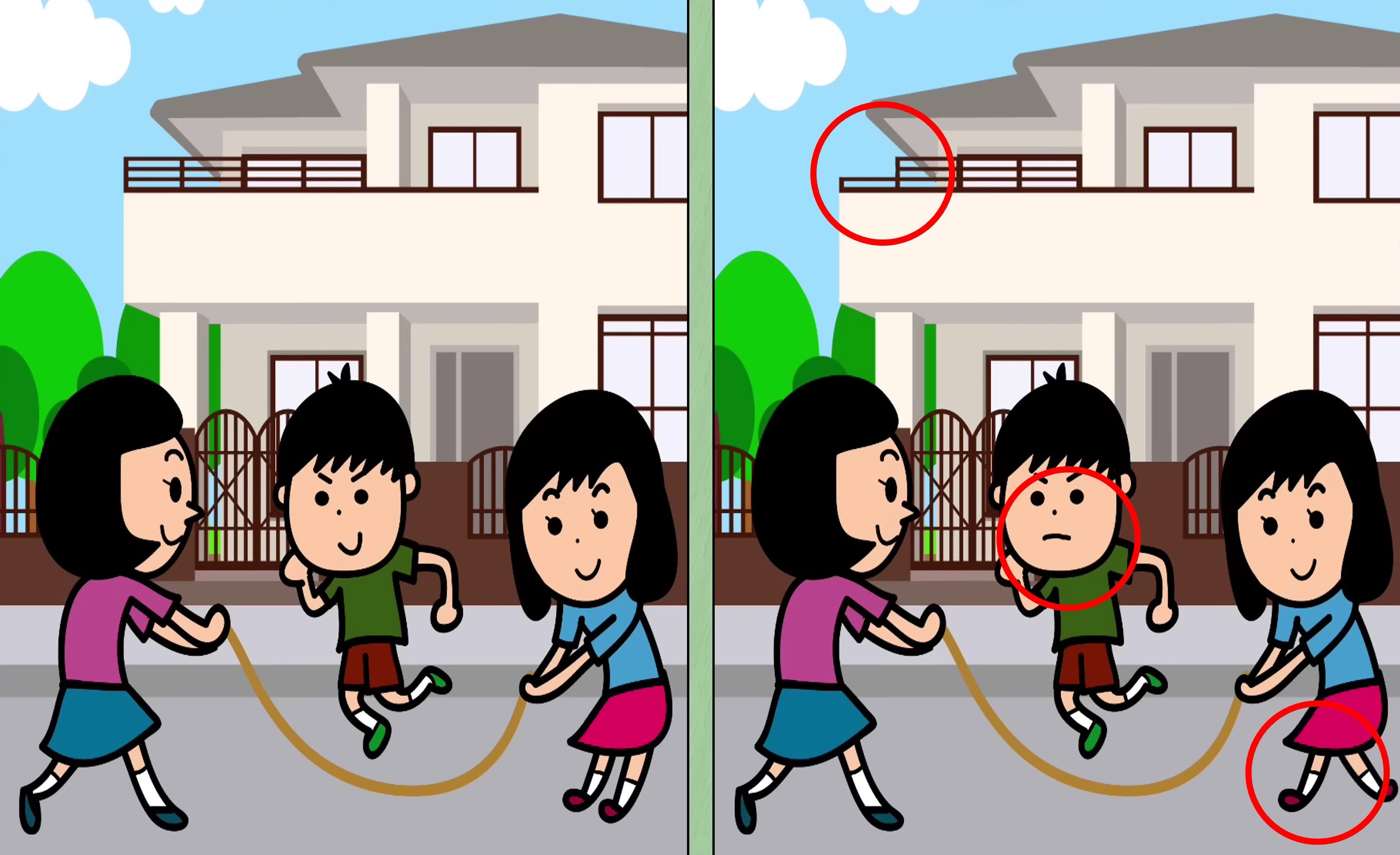 Letak tiga perbedaan pada gambar anak yang sedang bermain loncat tali ini.*