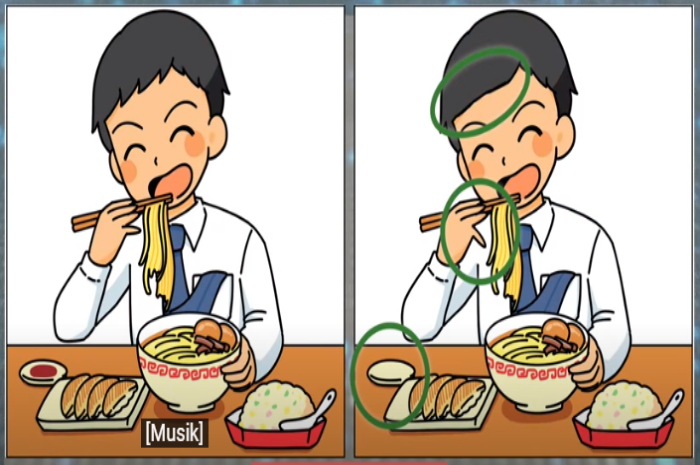 Letak tiga perbedaan pada pria yang makan ramen ini.*