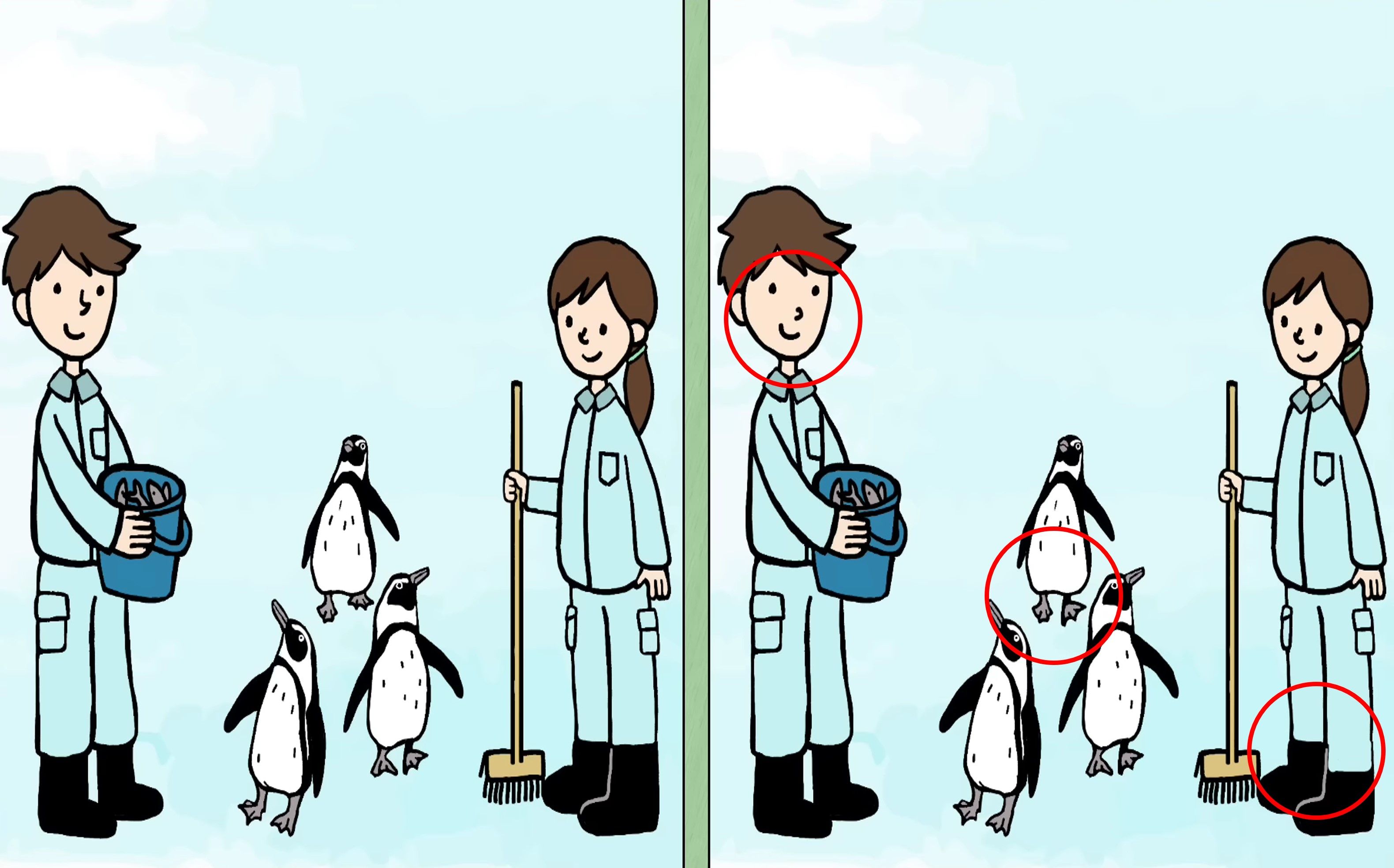 Letak tiga perbedaan pada gambar penguin dan pawangnya ini.*