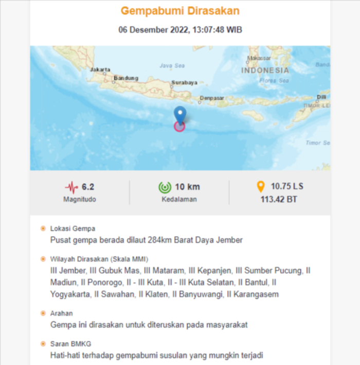 Info BMKG gempa hari ini di Jember, Jawa Timur dengan kekutan M 6,2.