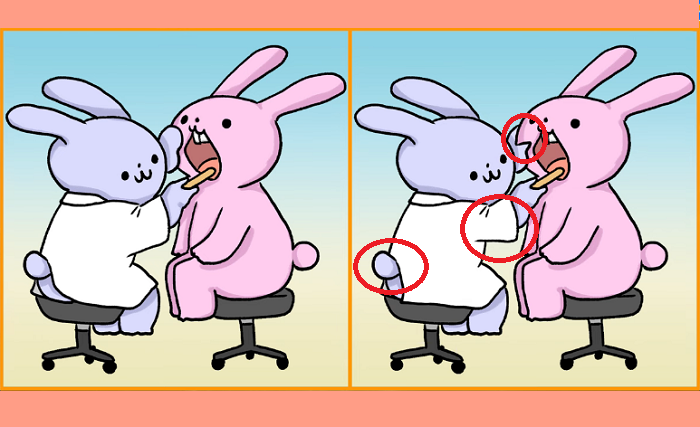 Letak tiga perbedaan pada gambar kelinci yang sakit gigi.*
