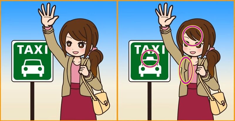 Jawaban tes IQ dalam menemuka perbedaan pada gambar wanita yang stop taxi.