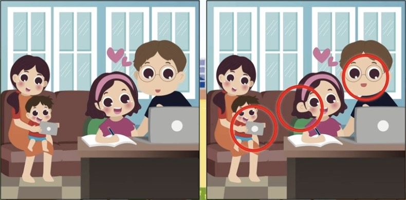 Letak lima perbedaan pada gambar keluarga bermata belo ini.(