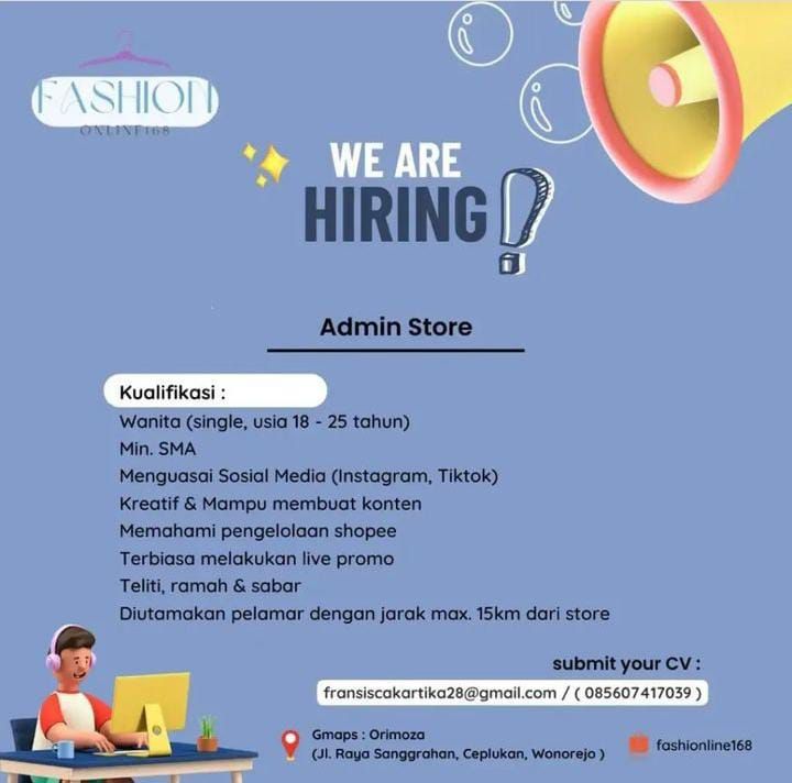 INFO LOKER! FASION ONLAIN 168 Buka Lowongan Kerja, Yuk Cek Kualifikasinya