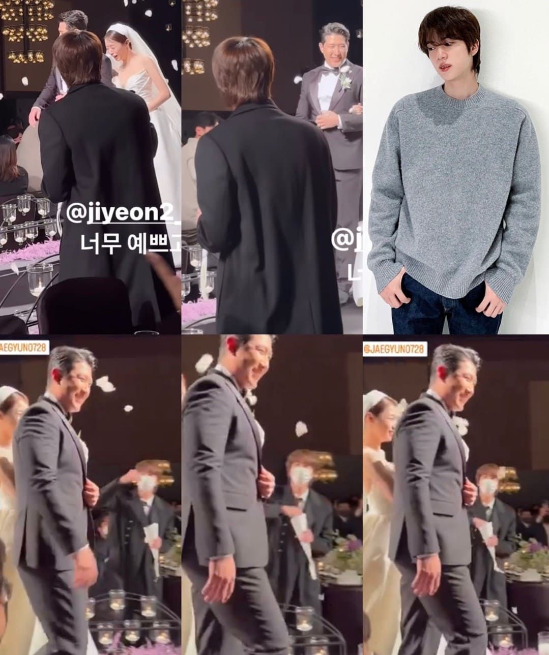 Jin BTS tampak melemparkan bunga ke arah pengantin yang berjalan menuju altar pernikahan.
