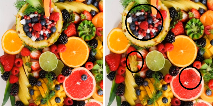 Tiga perbedaan yang dimaksud pada gambar buah segar.