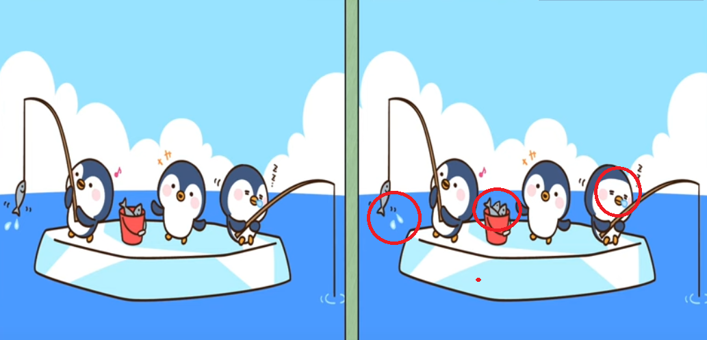 Jawaban tes IQ dalam menemukan perbedaan gambar penguin yang memancing. 