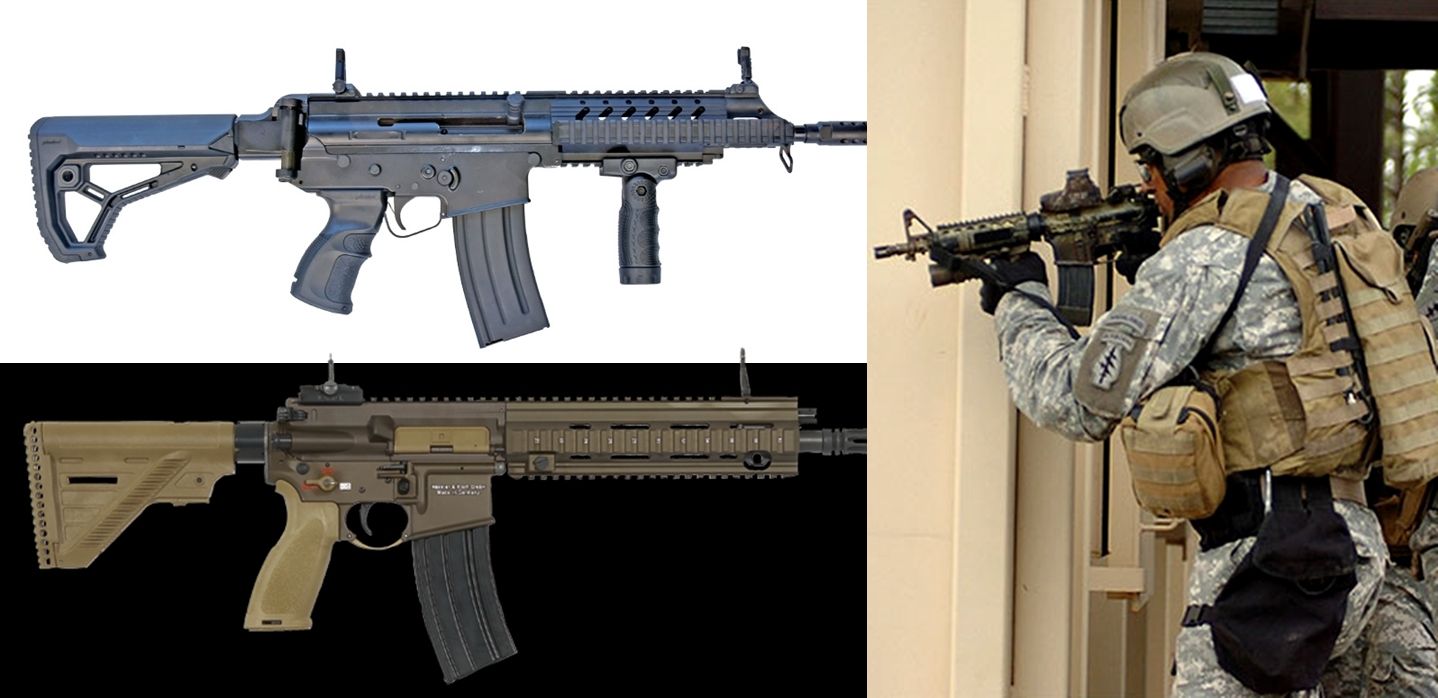 Senjata urban warfare bersaing di dunia, salah satunya buatan Indonesia buatan PT Pindad Bandung, SS2 V5 (kiri atas), juga HK416A5 buatan Jerman (bawah), serta M-4 CQB buatan Amerika (kanan)..