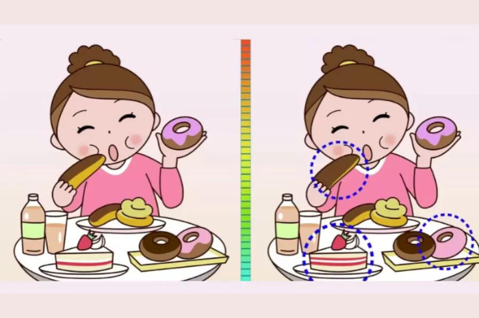 Jawaban tes IQ dalam menemukan perbedaan gambar wanita yang makan kue. 