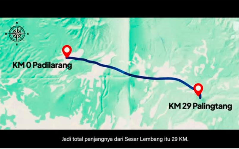 Peta sesar Lembang yang membentang sepanjang 29 kilometer.