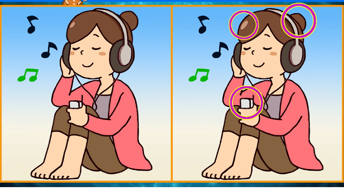 Jawaban tes IQ dalam menemukan perbedaan pada wanita canti yang dengarkan musik di gambar. 