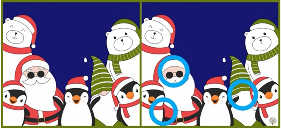 Jawaban tes IQ dalam menemukan perbedaan gambar santa yang rayakan natal. 