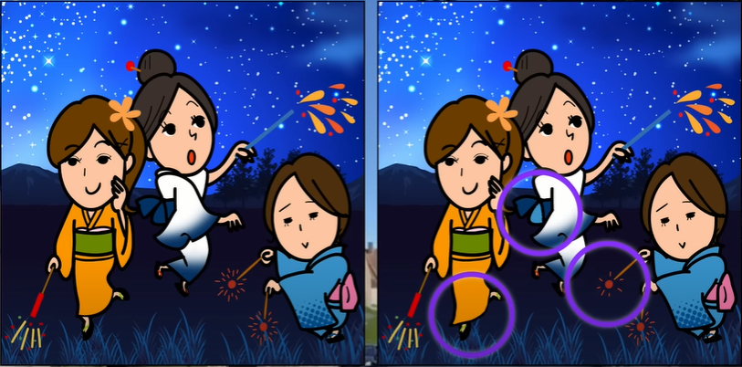 Letak tiga perbedaan pada gambar tiga gadis yang bermain kembang api.*