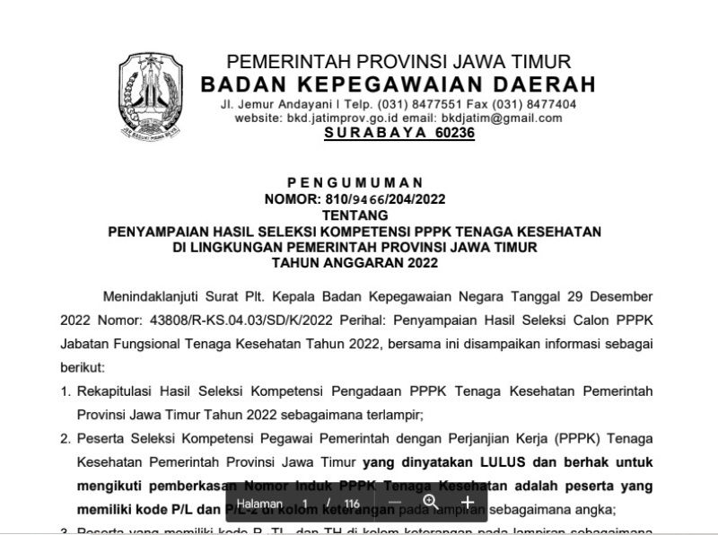 Pengumuman hasil seleksi kompetensi PPPK Tenaga Kesehatan Provinsi Jawa Timur 2022