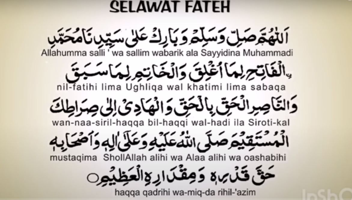 Lafadz Shalawat Fatih, Allohumma Sholli Wa Sallim Wa baarik ‘Alaa Sayyidinaa Muhammadin ALFATIHI Lima Ughliqo