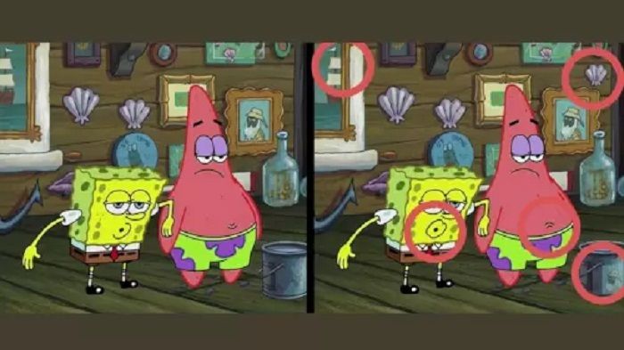 Letak lima perbedaan pada gambar Spongebob dan Patrick ini.*
