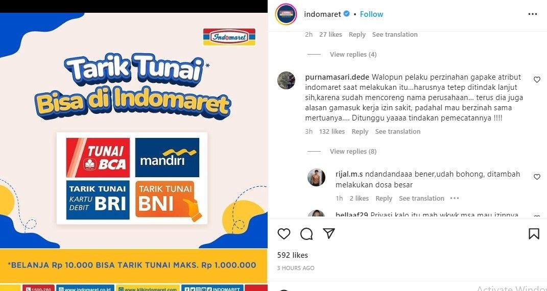 akun instagram @indomaret diserbut netizen minta suami selingkuh dengan ibu mertua untuk dipecat