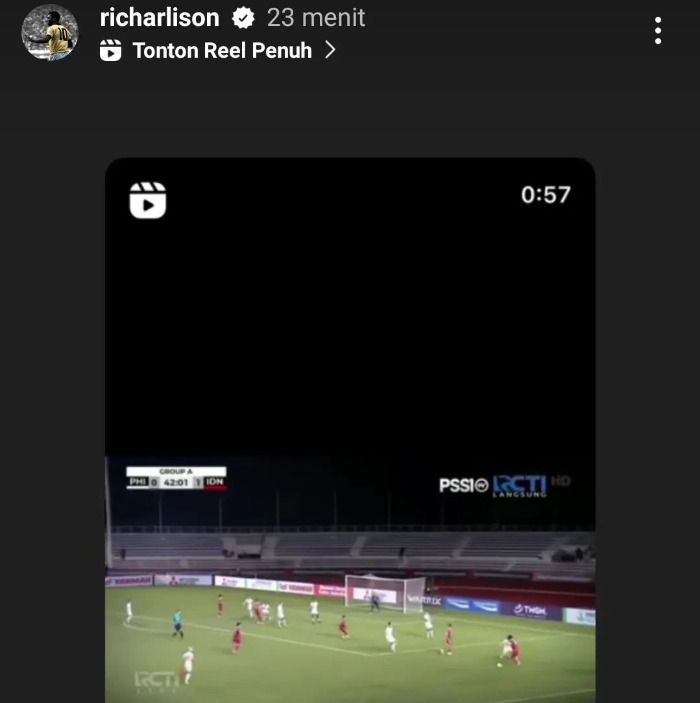 Tangkapan layar unggahan reels video Richarlison saat Marselino Ferdinan membobol gawang Filipina di Piala AFF 2022 Senin 2 Januari 2023