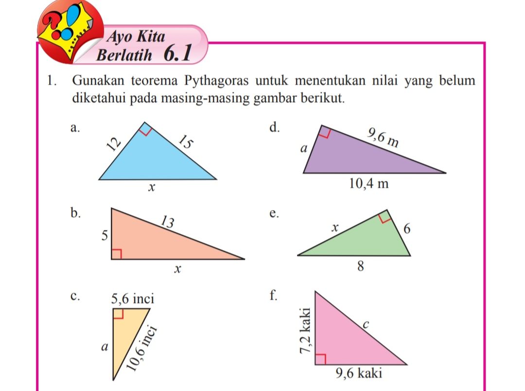 Ilustrasi - Kunci jawaban Matematika Kelas 8 SMP MTs Semester 2 halaman 11 12 13 dan cara: Ayo Kita Berlatih 6.1 Teorema Pythagoras nomor 1 sampai 10.
