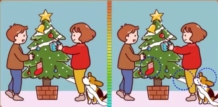 Jawaban tes IQ dalam menemuakn perbedaan gambar pasangan yang siapkan pohon Natal. 