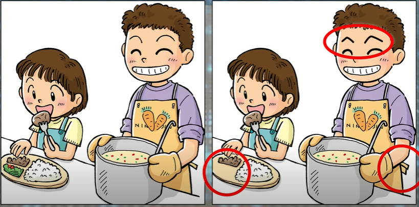 Jawaban tes IQ dalam menemukan perbedaan gambar anak yang makan nasi uduk buatan bapaknya.
