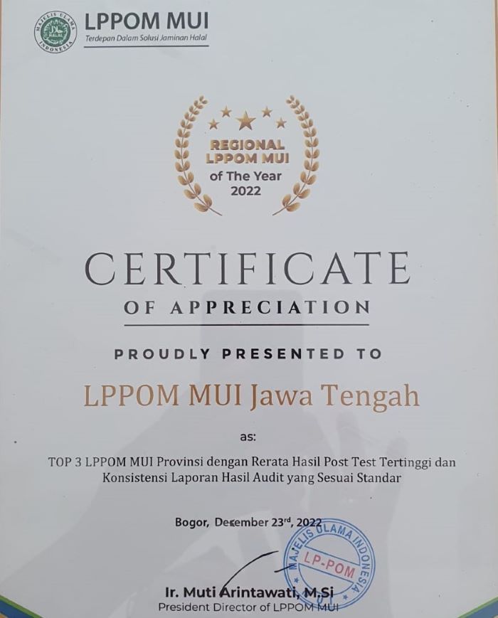 Tahun 2023 LPPOM MUI Jateng  mendapat kado keren, meskipun belum masuk peringkat 1 atau 2, tetapi berada di urutan 3 besar.