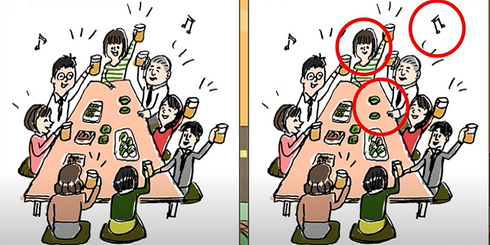 Letak 3 perbedaan pada gambar sekelompok orang yang sedang makan bersama.