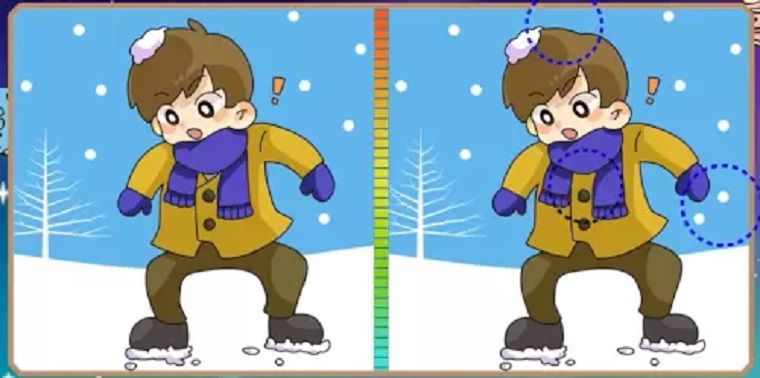Jawaban tes IQ dalam menemukan perbedaan gambar pria yang bermain salju. 