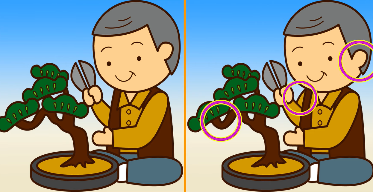 Jawaban tes IQ dalam menemukan perbedaan pada gambar kakek yang merawat tanaman.  