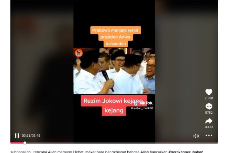 HOAKS - Beredar video TikTok yang menyebut jika Prabowo bakal menjadi Wakil Presiden Anies Baswedan di Pemilu 2024.*