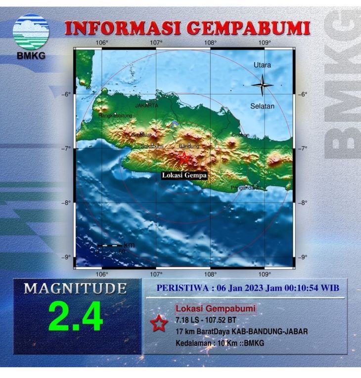 Pusat gempa bumi tektonik magnitudo 2.4 yang melanda Kecamatan Pangalengan, Kabupaten Bandung  Jumat 6 Janari 2023.