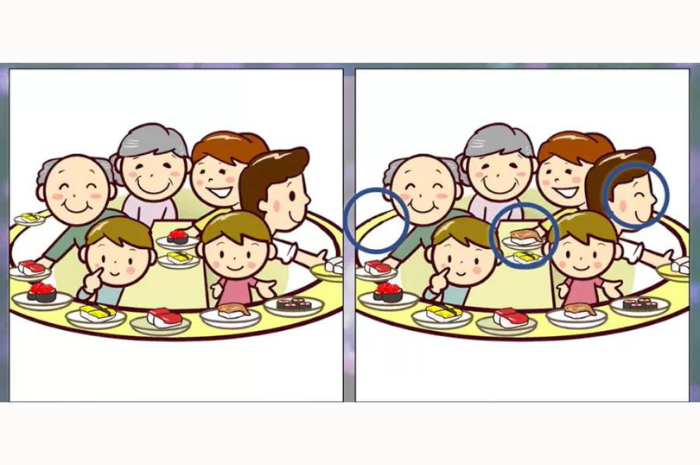 Letak tiga perbedaan pada gambar keluarga makan sushi ini.*